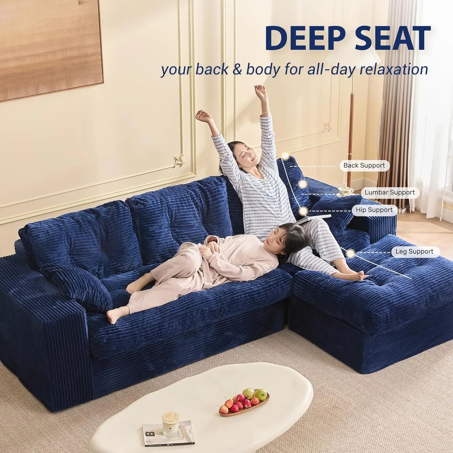 102" L-Shape Modular Sectional Sofa Deep Seat Corduroy Comfy Couch Ottoman Living Room Set, Customized