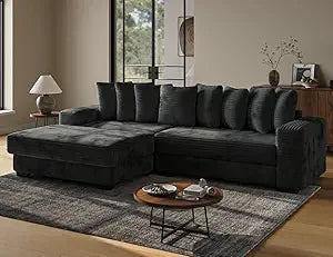 L-Shaped Modular Sectional Sofa with Chaise Lounge, Plush Corduroy Cloud Couch, Deep Seating for Living Room in Black
