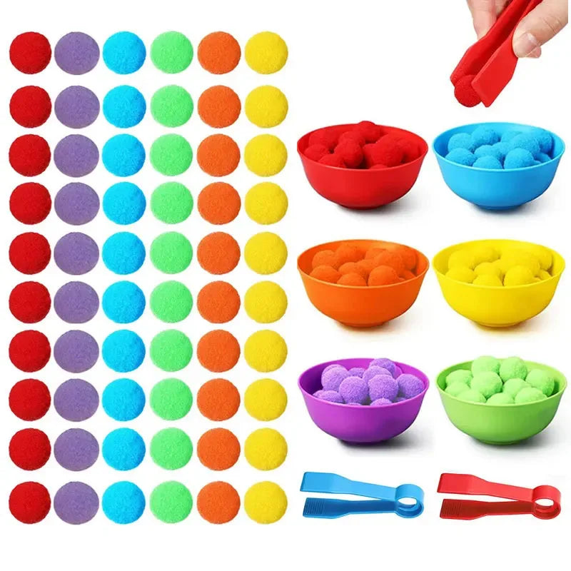 Rainbow Counting Set: Pom Poms Sorting Toys w/ Bowls & Tweezers for Kids, Fine Motor Skills Learning Montessori Math Toy