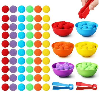 Rainbow Counting Set: Pom Poms Sorting Toys w/ Bowls & Tweezers for Kids, Fine Motor Skills Learning Montessori Math Toy