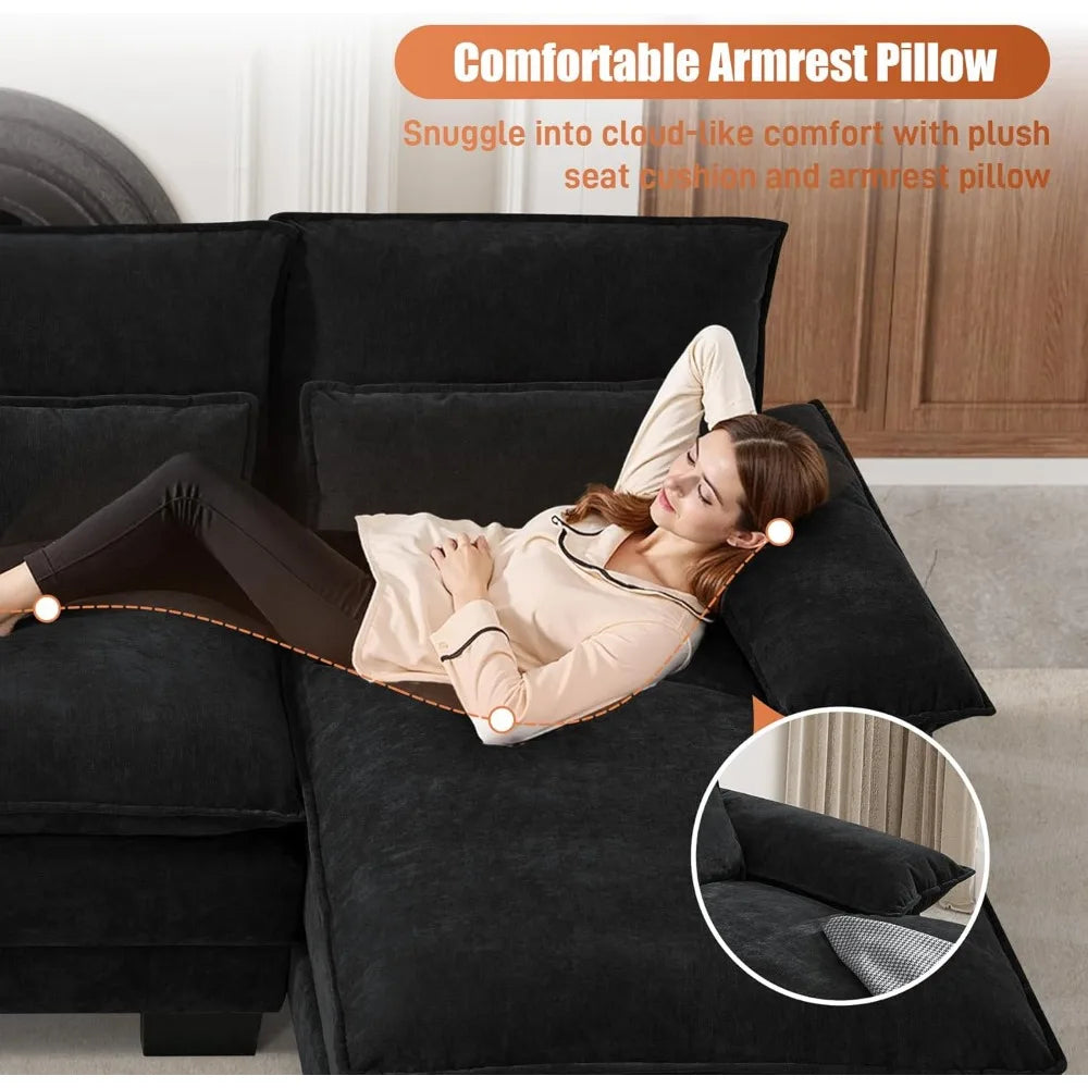 U Shape Cloud Couch Sectional Sofa, 110" Modern Chenille Comfy Modular Sofa with Memory Foam & Double Chaise, Jet Black