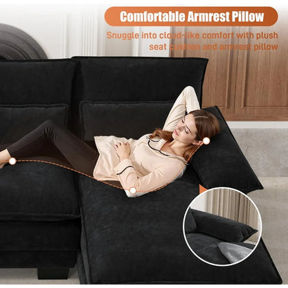 U Shape Cloud Couch Sectional Sofa, 110" Modern Chenille Comfy Modular Sofa with Memory Foam & Double Chaise, Jet Black