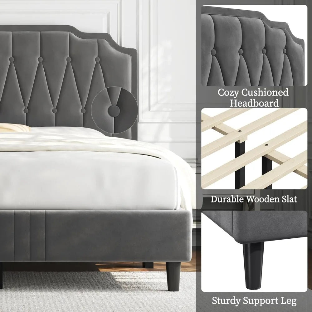 Bed Frame Velvet Upholstered Platform Bed with Curved Headboard, Height-Adjustable Headboard/Noise-Free/Wooden, Customized