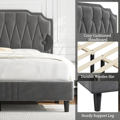Bed Frame Velvet Upholstered Platform Bed with Curved Headboard, Height-Adjustable Headboard/Noise-Free/Wooden, Customized