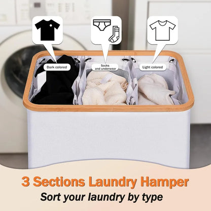 Double Laundry Hamper with Lid and 2 Removable Bags for Efficient Sorting 2Section Design with Bamboo Handles Ideal for Bathroo