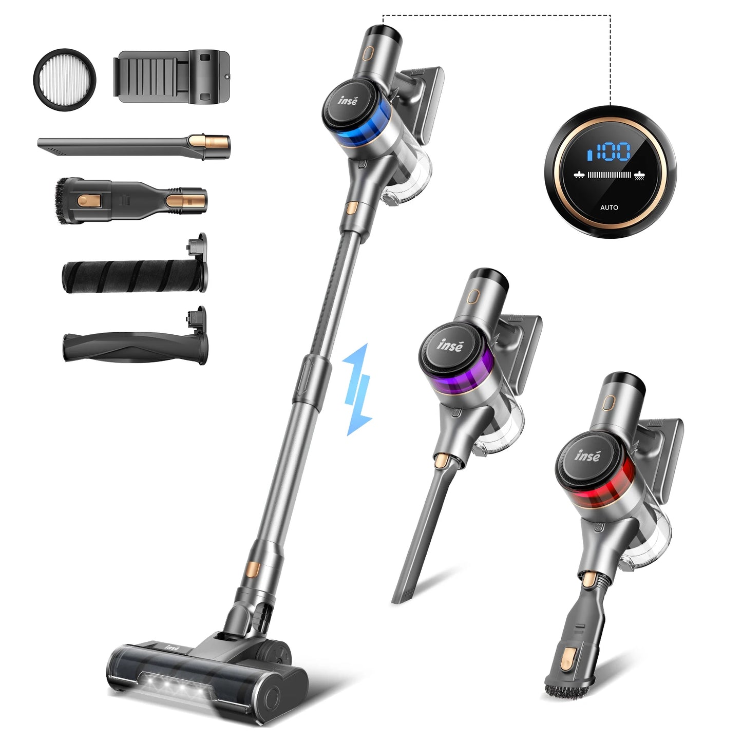 INSE S9 Wireless Vacuum Cleaner 30Kpa Stick Vacuum with LED Display 55min Runtime Smart Adjustment Dual Roller Brushes Cleaning