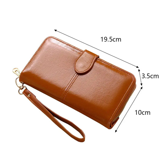 Women's Vintage Oil Wax PU Leather Clutch Wallet Female Large Capacity Phone Purse Ladies Wristband Simple Card Holder Pouch Bag