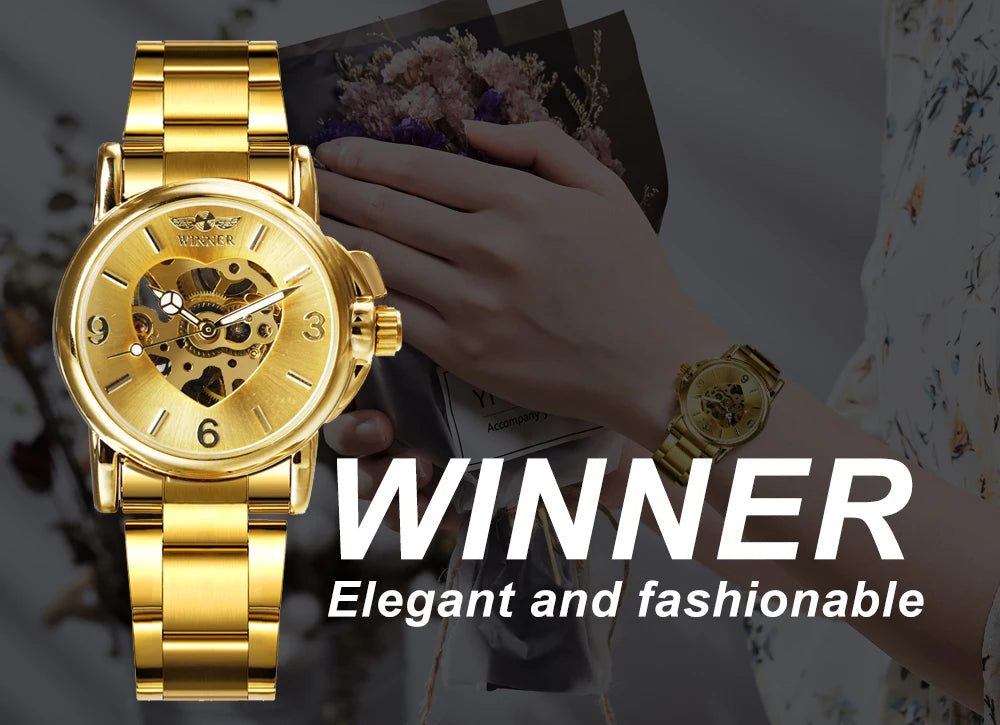 WINNER Luxury Elegant Skeleton Automatic Mechanical Watch for Women Luminous Hands Stainless Steel Strap Business Ladies Watches