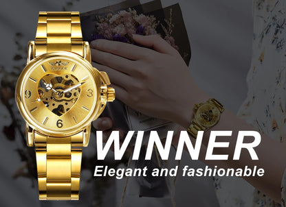 WINNER Luxury Elegant Skeleton Automatic Mechanical Watch for Women Luminous Hands Stainless Steel Strap Business Ladies Watches