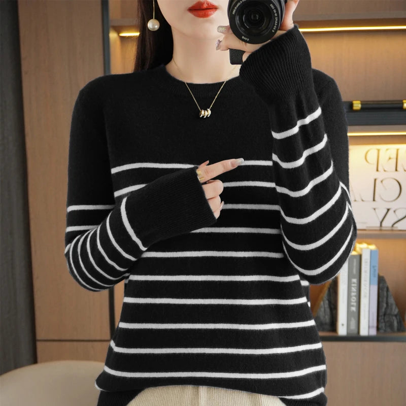 Spring Women's Pullover Sweater Striped Two-Color Sweater Long Sleeve Crewneck New 100% Cotton Pullover Sweater For Women-SMY257