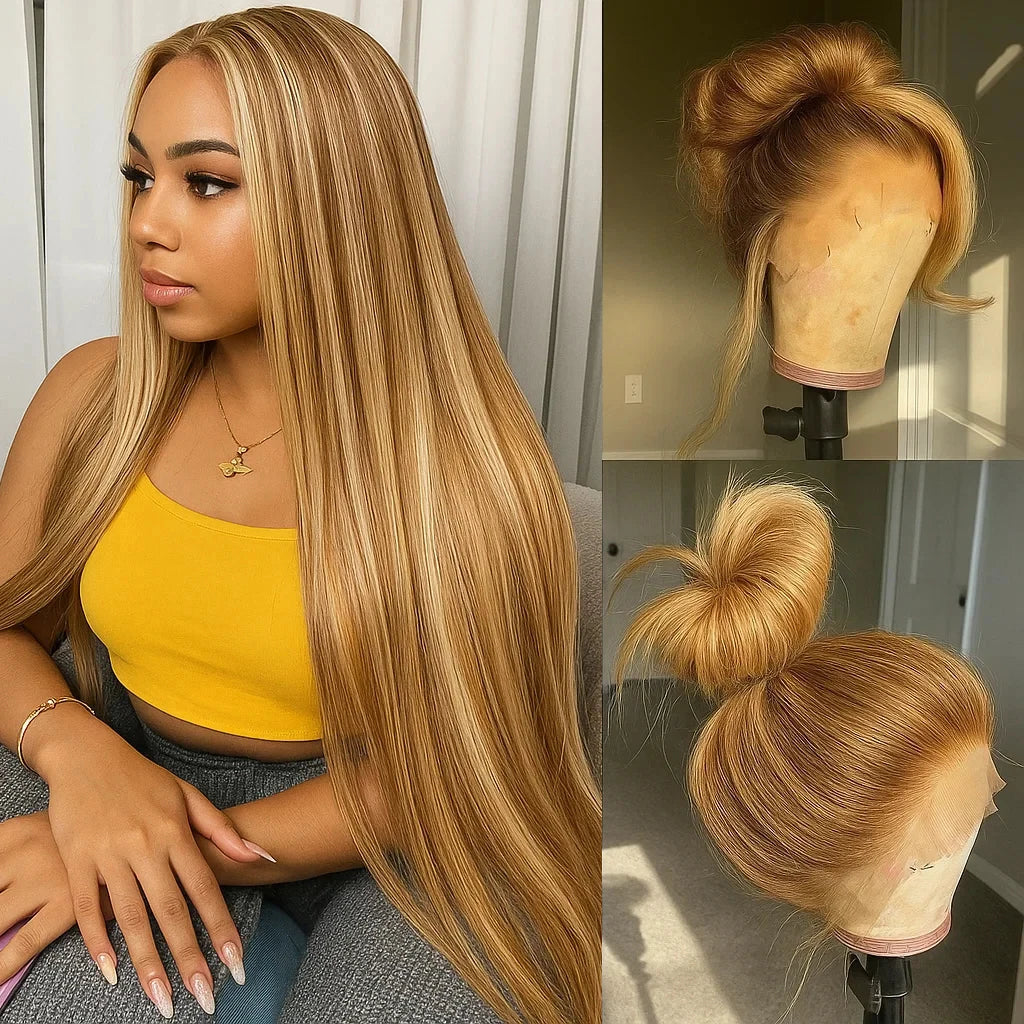 P4/27 Highlight Bone Straight 13x4 HD Lace Frontal Wigs Human Hair Brazilian Ombre Honey Blonde Colored Human Hair Wig For Women