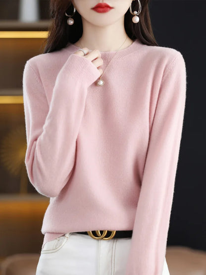 Fashion 100% Merino Wool Women's Sweater O-Neck Long Sleeve Pullover Spring Autumn Winter Basic Jumper Clothing Knitwear Tops