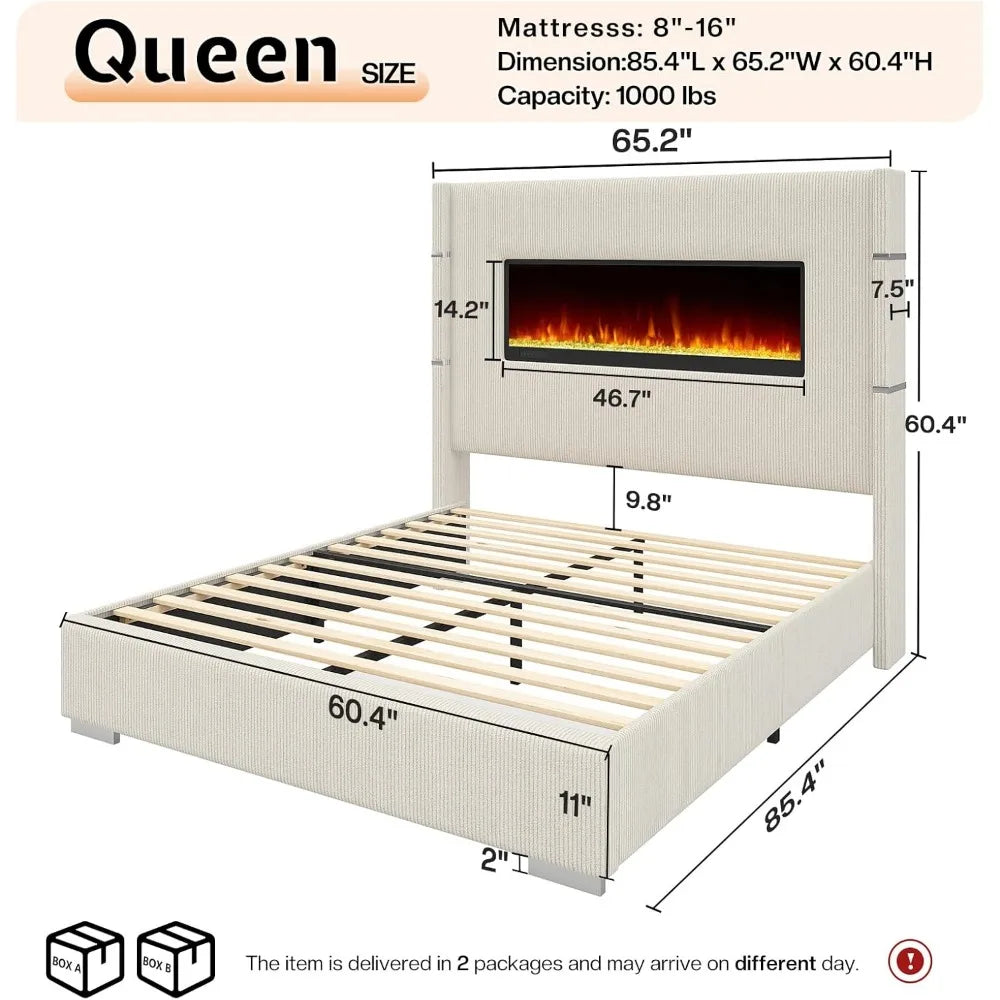 60.4 Queen Size Upholstered Bed Frame with Heat-Free Fireplace, Luxury Corduroy Platform Bed with Extra Tall Wingback Headboard,