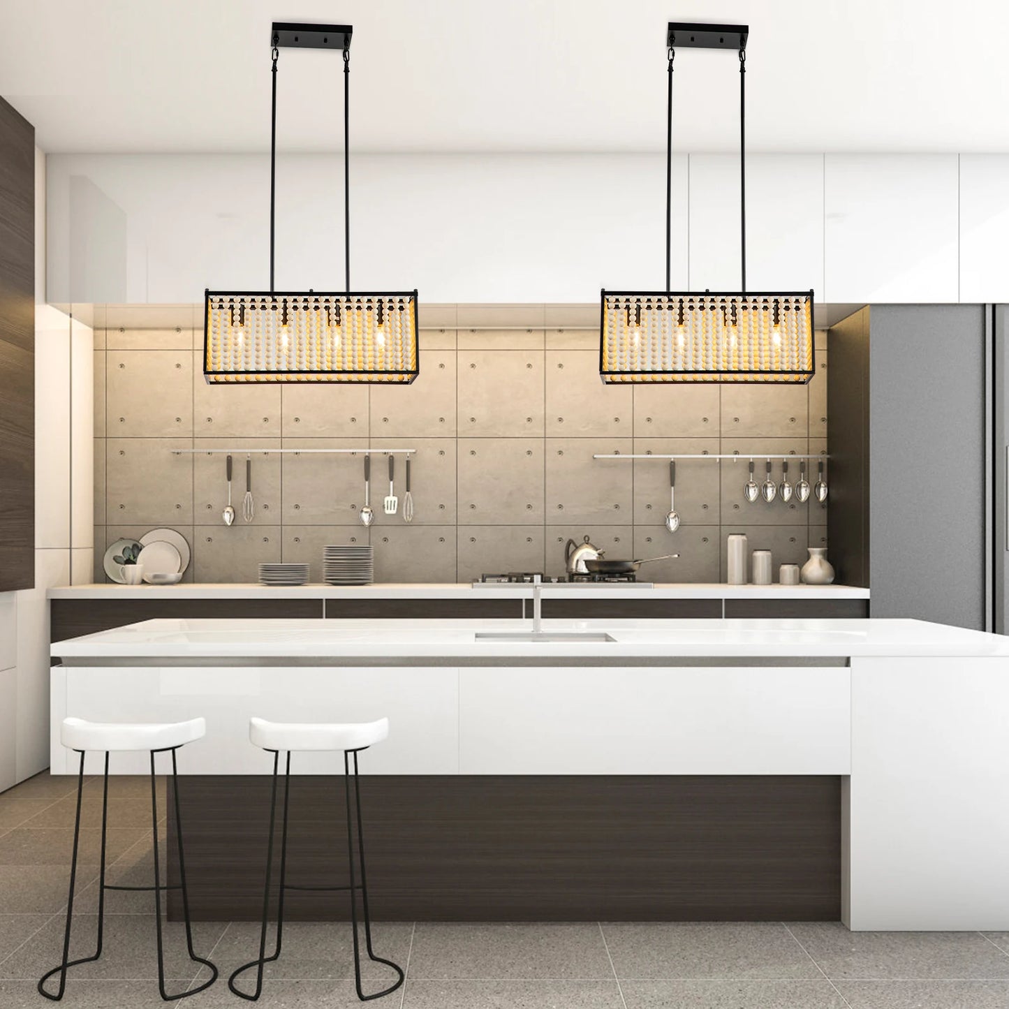 40W Wood Beaded Chandelier 110V Ceiling Mounted 4-Light Wood Beaded Chandelier Illumination 53.82-161.46ft²