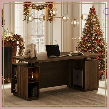 70" Electric Standing Desk with Storage & USB, Adjustable Height 29.5-43.3", Black Walnut Executive Office Desk