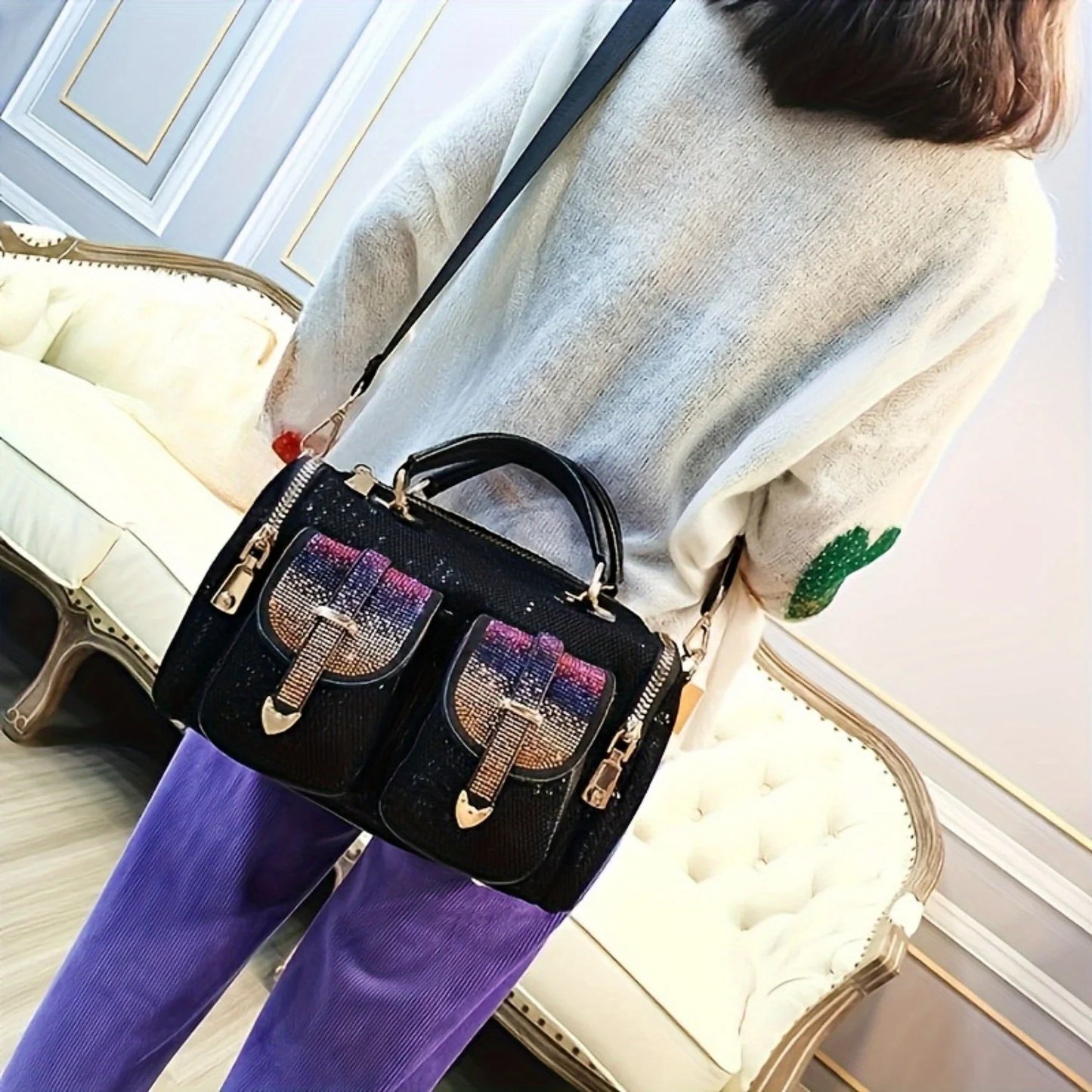 2025 New elegant women's rhinestone sequin handbag, large capacity casual shoulder and crossbody bag, women's casual handbag