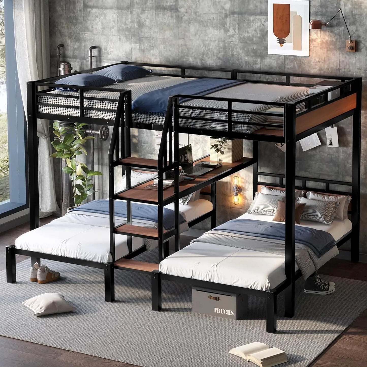 Queen Over Twin Over Twin Metal BunkBed with Storage Stairs and Shelves, 3-in-1 Triple Bunk Bed with Headboard, Space Saving, fo
