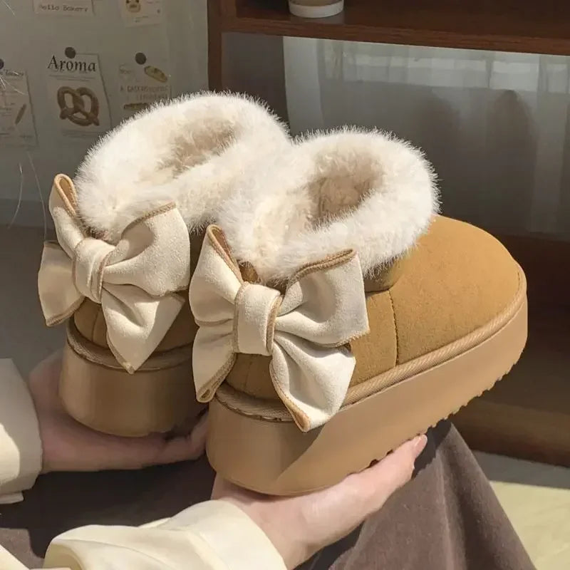 2024 New Bow Women's Thick-Soled Warm Fleece-Lined Cotton Shoes Versatile Snow Boots Korean Style Increased Height For Students