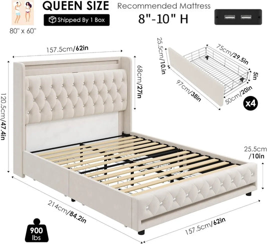Queen LED Bed Frame with Charging Station and 4 Storage Drawers, Velvet Upholstered Platform Bed with Handcrafted, Customized