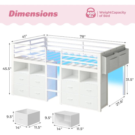 Twin Size Low Loft Bed with 8 Drawers, Bookcase, and LED Lights - Metal Kids Loft Bed with 14 Features