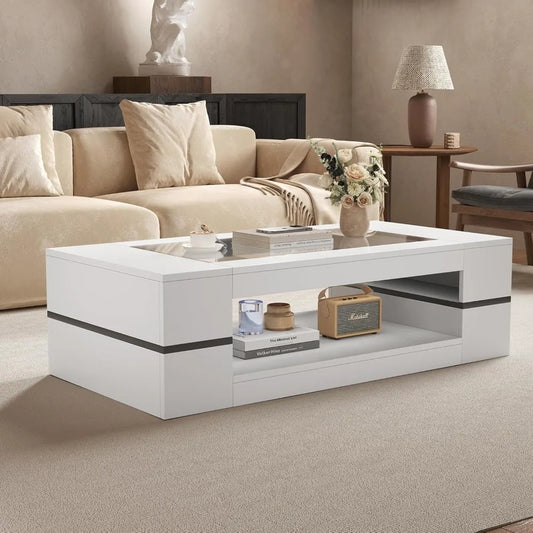 47.2" Modern Stylish Coffee Table with Glass Table Top, Large Living Room Table Rectangular 2-Tier Center Tables with Storage