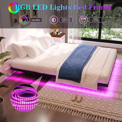 Queen Size Floating Bed Frame with Smart LED Lights, Heavy Duty Metal Platform Bed - Easy Assembly, Noise Free