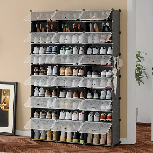 Space-saving Tower Shoe Rack | 12-tier 36-grid Organizer for Shoes | Black Portable Storage