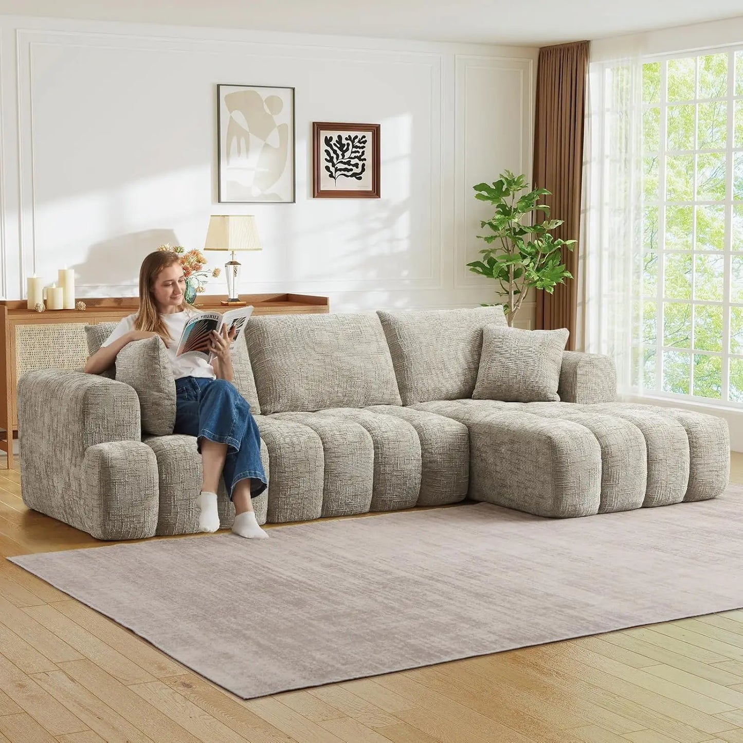 108" W Modular Sectionals Sofa,Cloud Boneless Couch with Chaise,Chenille Tufted Deep Seat L Shaped Couch,Modern Compression Foam