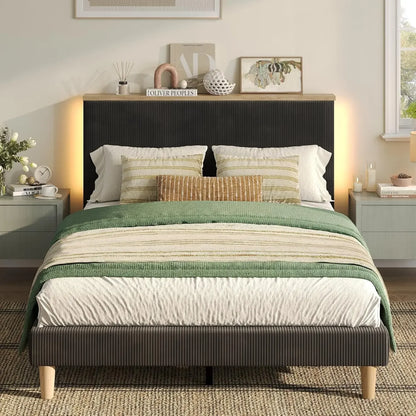 Bestier Queen Corduroy Upholstered Bed Frame with Adjustable Vertical Channel Headboard, LED Platform Bed with Storage Shelf, So