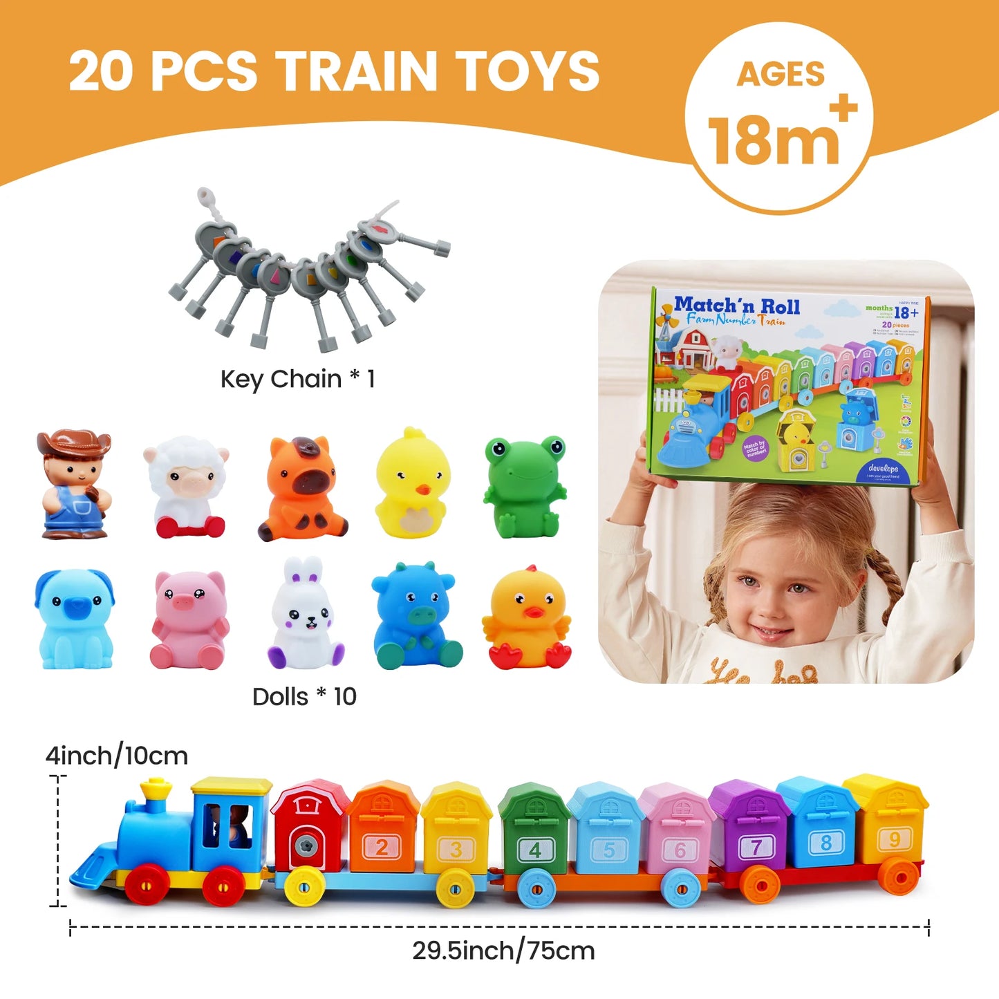 Montessori Farm Train Set for Toddlers Learning Counting, Matching & Sorting Fine Motor Skills,Preschool Toy Birthday Gift