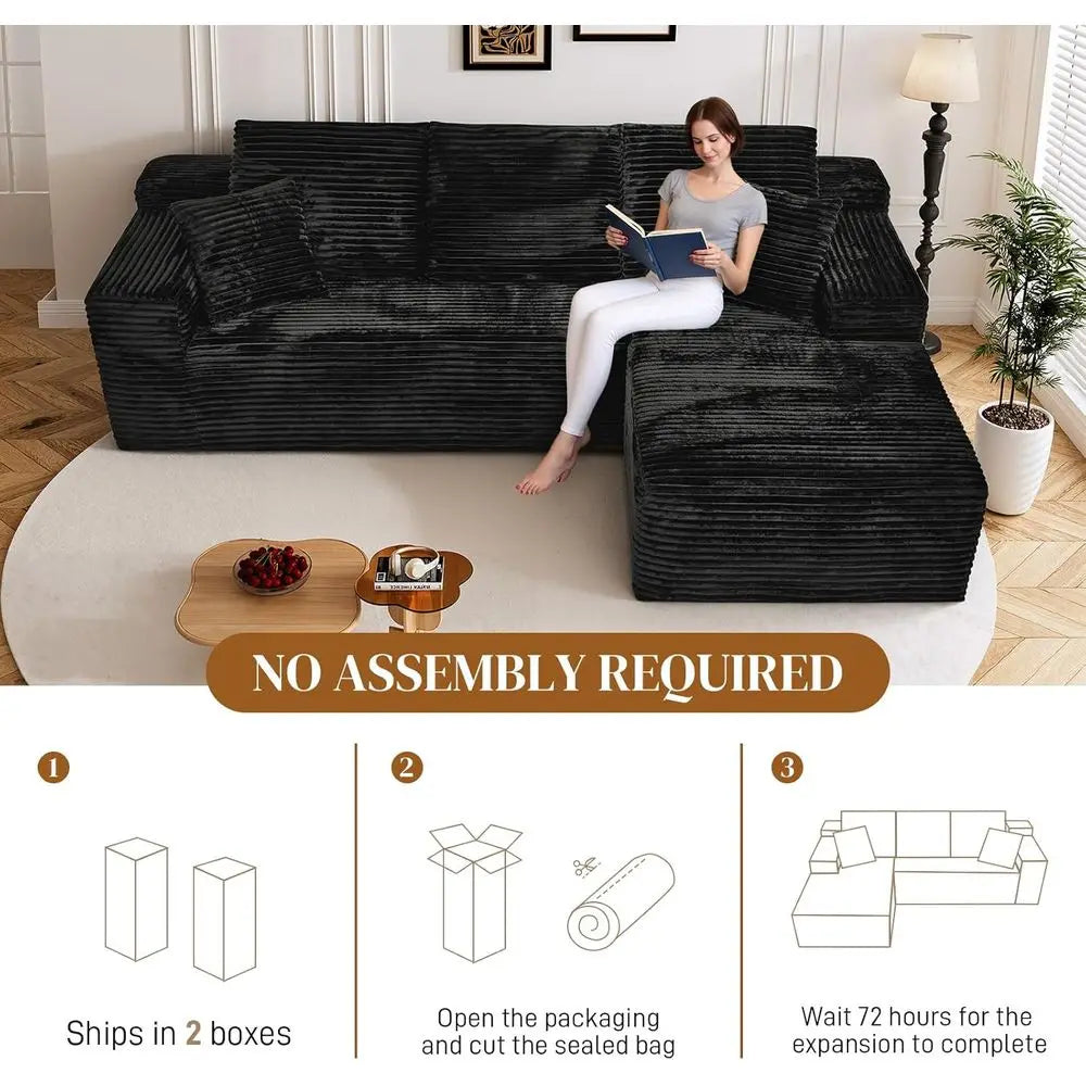 108" L Shaped Boneless Sectional Couches for Living Room, Comfy Corduroy Floor Cloud Sofa with Chaise, Wide Armrest, Deep Seat,