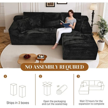 108" L Shaped Boneless Sectional Couches for Living Room, Comfy Corduroy Floor Cloud Sofa with Chaise, Wide Armrest, Deep Seat,