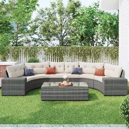 Outdoor Wicker Sectional Sofa Set with Curved Design and Rectangular Coffee Table - Water-Resistant and UV Protected