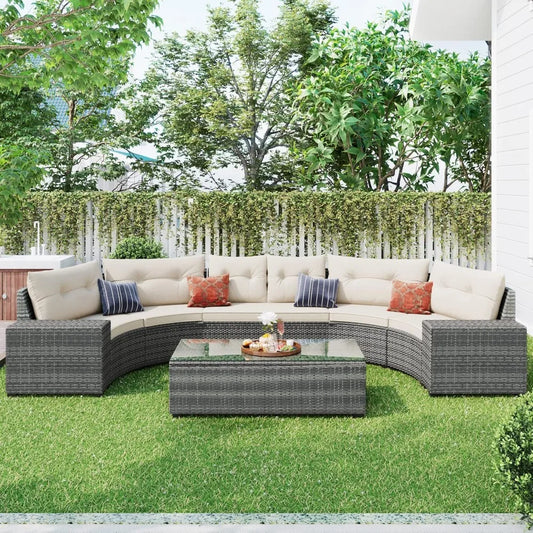 Outdoor Wicker Sectional Sofa Set with Curved Design and Rectangular Coffee Table - Water-Resistant and UV Protected