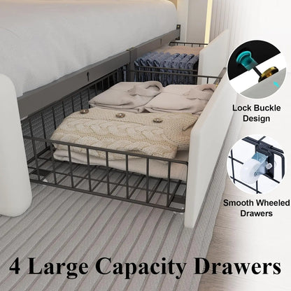 Queen Bed Frame with Storage Drawers, LED Headboard & Charging Station, Easy Assembly, White