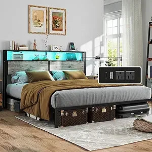King Size Bed Frame with Headboard, Metal Platform Bed Frame with LED Lights & Charging Station, Under Bed Storage, Solid and St