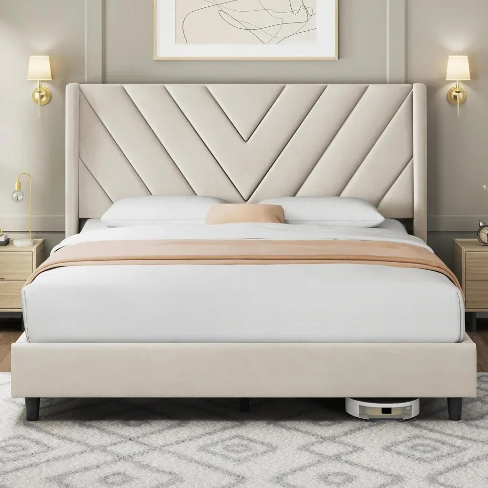 Bed Frame Upholstered Platform Bed with Wing Side/Wooden Slat Support/Tufted Headboard with Wing Side/Mattress Foundation