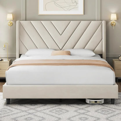 Bed Frame Upholstered Platform Bed with Wing Side/Wooden Slat Support/Tufted Headboard with Wing Side/Mattress Foundation