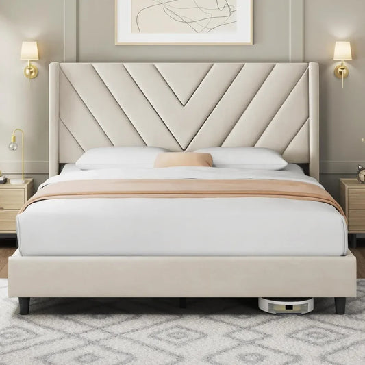 Bed Frame Upholstered Platform Bed with Wing Side/Wooden Slat Support/Tufted Headboard with Wing Side/Mattress Foundation