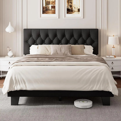 Upholstered Bed Frame with Headboard, Button Tufted Linen Bed Base, Platform Bed with Wood Slat, Heavy Duty,, Customized