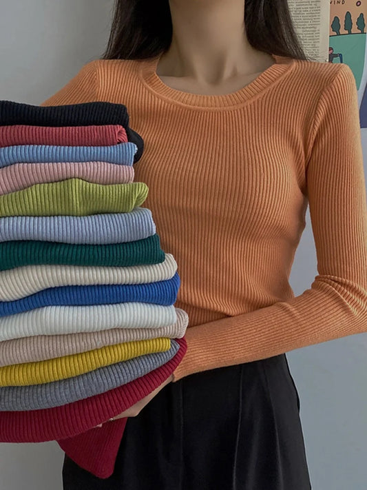 2025 New-coming Autumn Winter Tops O-Neck Pullovers Sweaters Primer shirt long sleeve Short Korean Slim-fit tight sweater