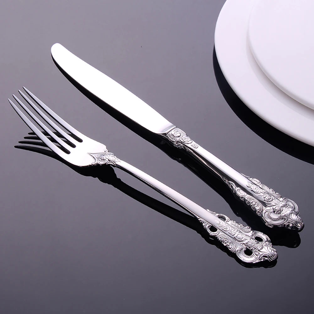 Vintage Western Stainless Steel Cutlery Set Luxury Tableware Wedding Engraving Dinnerware Knife Fork Spoon Sliverware 1 Pcs