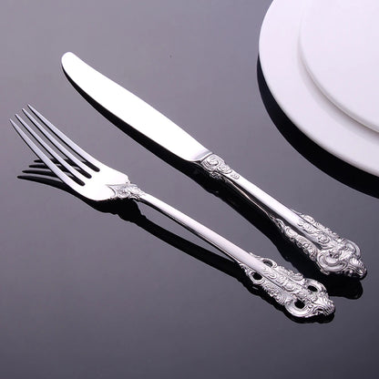 Vintage Western Stainless Steel Cutlery Set Luxury Tableware Wedding Engraving Dinnerware Knife Fork Spoon Sliverware 1 Pcs
