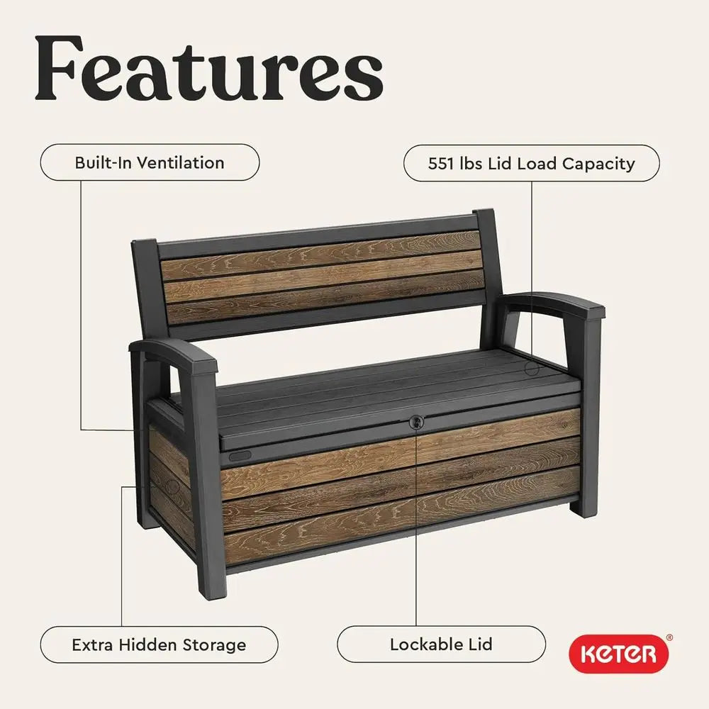 Signature 60 Gallon Storage Bench Deck Box - Patio Furniture, Porch Decor, Outdoor Seating, Store Garden Tools, Walnut