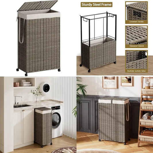 Wheeled Laundry Hamper with Lid and 90-Liter Capacity, Collapsible Rattan Basket for Clothes Sorting