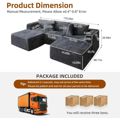 110" Modular Sectional Couch Sofa,Boneless Couches for Living Room,3-Seater Cloud Sofa with 2 Movable Ottomans U Shaped