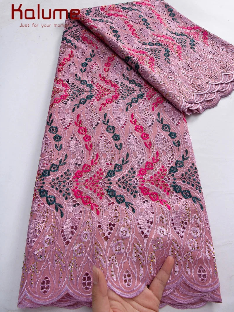 Kalume African Cotton Embroidered Lace Fabric With Stones 2025 Nigerian Swiss Voile Lace Fabric Flower For Sewing Dress F4325