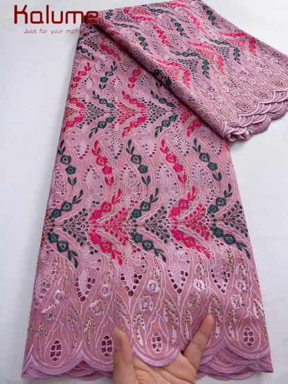 Kalume African Cotton Embroidered Lace Fabric With Stones 2025 Nigerian Swiss Voile Lace Fabric Flower For Sewing Dress F4325