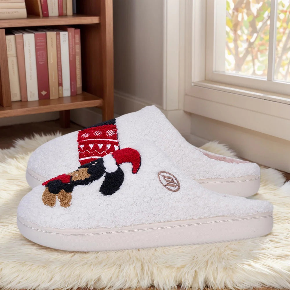 Xmas Dachshund Plush Slippers Flat Thermal Slippers Comfortable Fluffy Home Slippers Anti Slip Soft Furry Slipper for Men Women