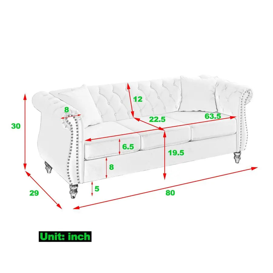 Chesterfield Sofa, Retro Style Upholstered 3 Seater Velvet Couch with Rolled Arm for Living Room Bedroom Office Apartment, Grey